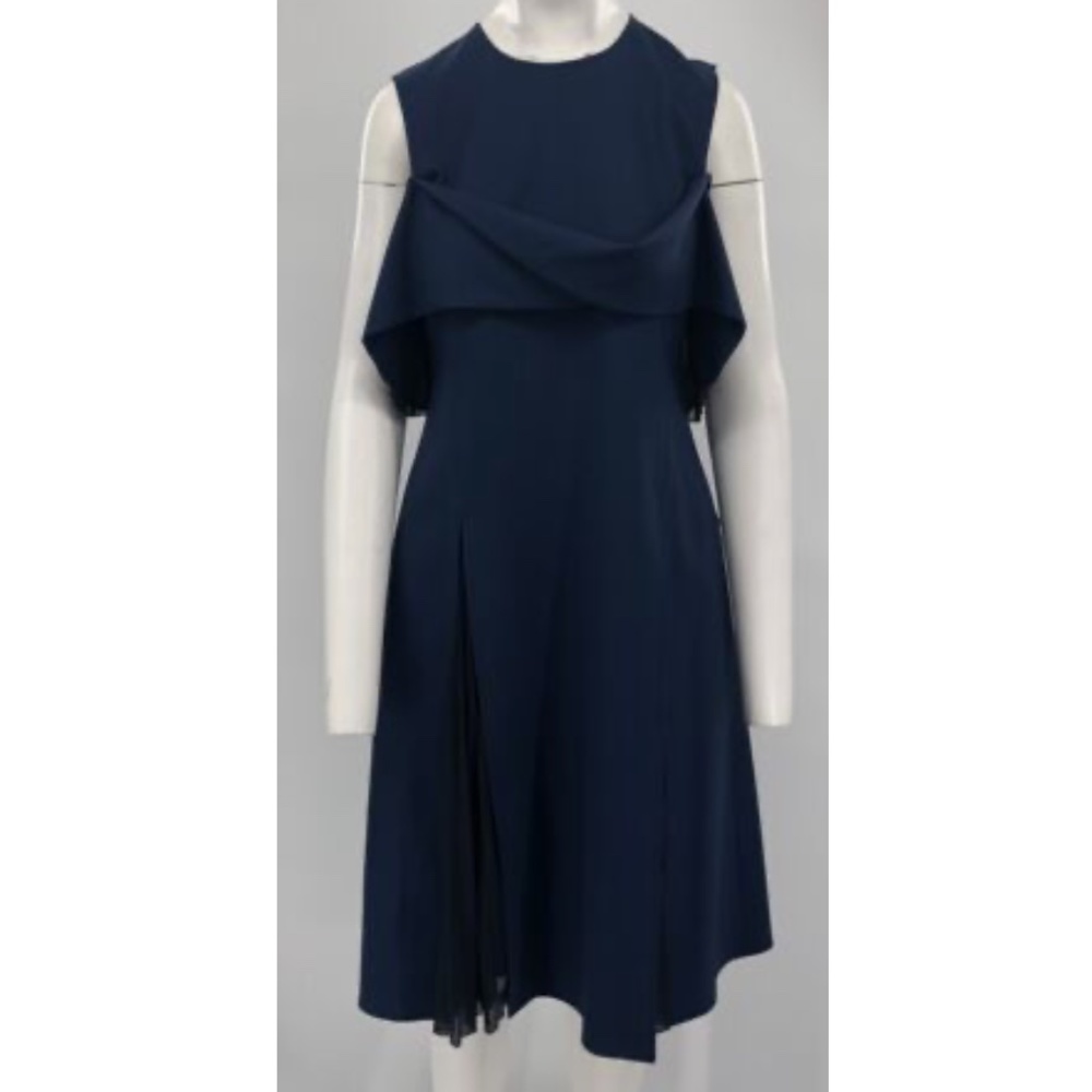 Adeam 2018 Navy Sleeveless Midi Dress w/ Black Pleated Slits+Top Layer sz 8
